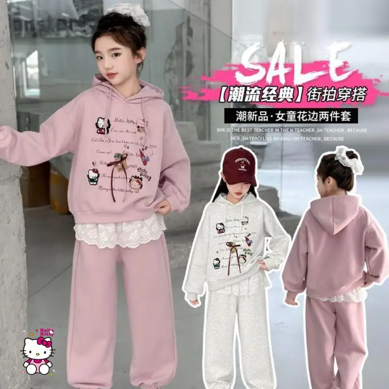 

Горячий комплект домашней одежды Hello Kitty для девочек, кавайный аниме, модный осенне-зимний повседневный студенческий комплект из 2 предметов, детская одежда с кружевной отделкой