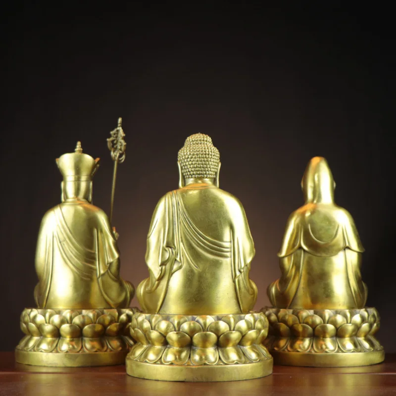 Brass Three Treasures Buddha: of Saints - Guanyin, Ksitigarbha, Amitabha. Home and shop decoration. Saha Triad of