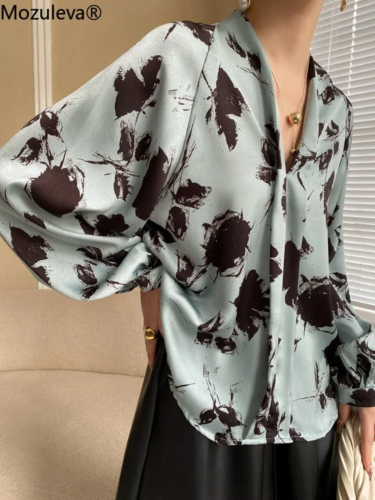 Mozuleva 2023 Loose Single-breasted Female Satin Shirts Tops Spring Summer Chinese Style Ink Printed Lantern Sleeve Women Blouse