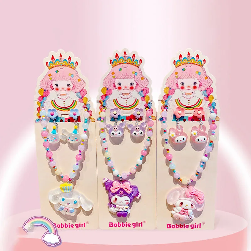 Sanrio Kuromi Cinnamoroll My Melody Kids Pearl Necklace Kawaii Cartoon Dopamine Ear Clip Cute Accessories Jewelry Children Toys