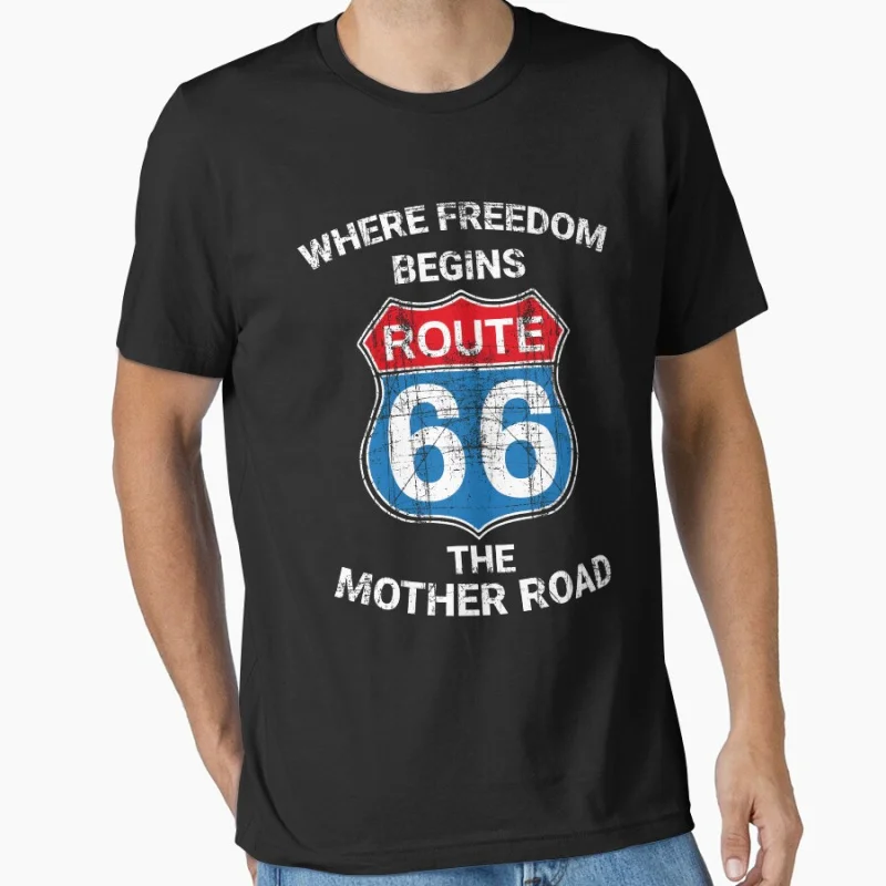 

Route 66- USA - American route road Vintage The Mother Road us highway sign printed T Shirt for men large size Adult tops S-6XL