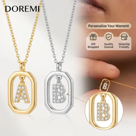 DOREMI Waterproof Tarnish Free Stainless Steel Geometric Initial Necklace Custom Letter Frame CZ Personalized Jewelry Necklace