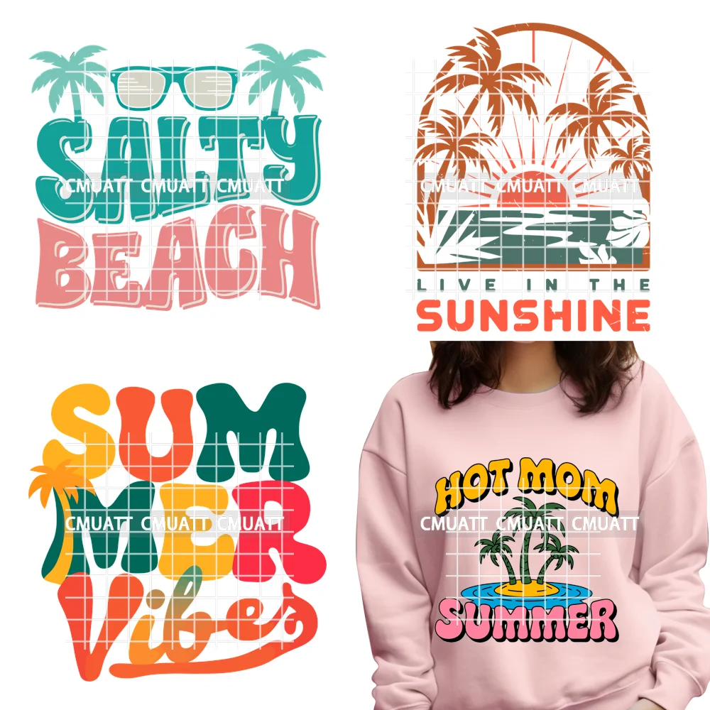 

Happy Hot Summer Quotes Palm Trees Beach Vacation Vibes Washable Iron on DTF Transfers Stickers Ready to Press for Clothing Bags