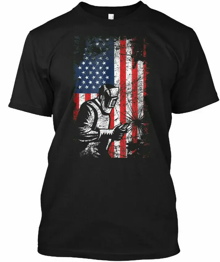 Welding American Flag Patriotic T-Shirt 100% Cotton O-Neck Summer Short Sleeve Casual Mens T-shirt Size S-3XL