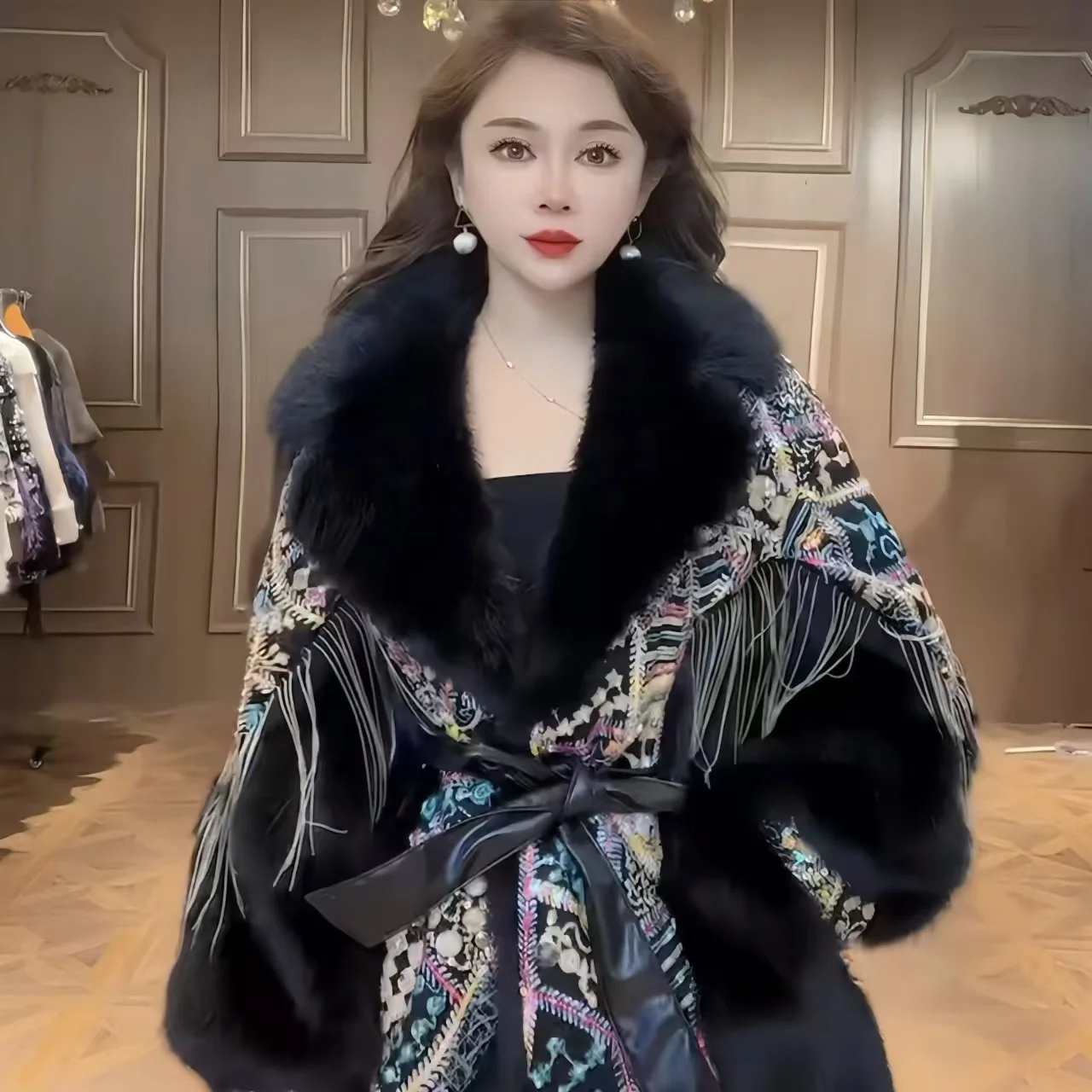 Faux Fur Coat for Women,Adjustable Waist Jacket,Thick Warm Female Clothes,Big Fur Collar,Sequins，Autumn and Winter, 2024