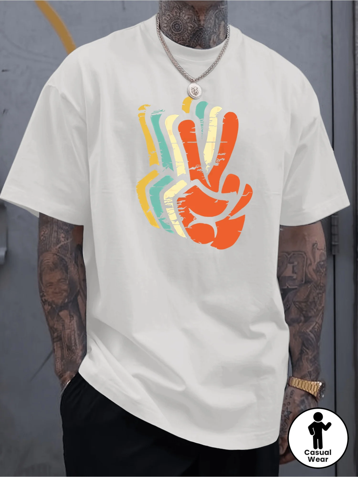 Men's Retro Pattern Printed Short Sleeve T-Shirt| Black Base Shirt, Colorful Peace Sign and Abstract Gesture Design, Regular Fit, Casual Summer T-Shirt, Machine Washable, Vintage Style, Artistic T-Shirt, Breathable Fabric, Fashionable Top