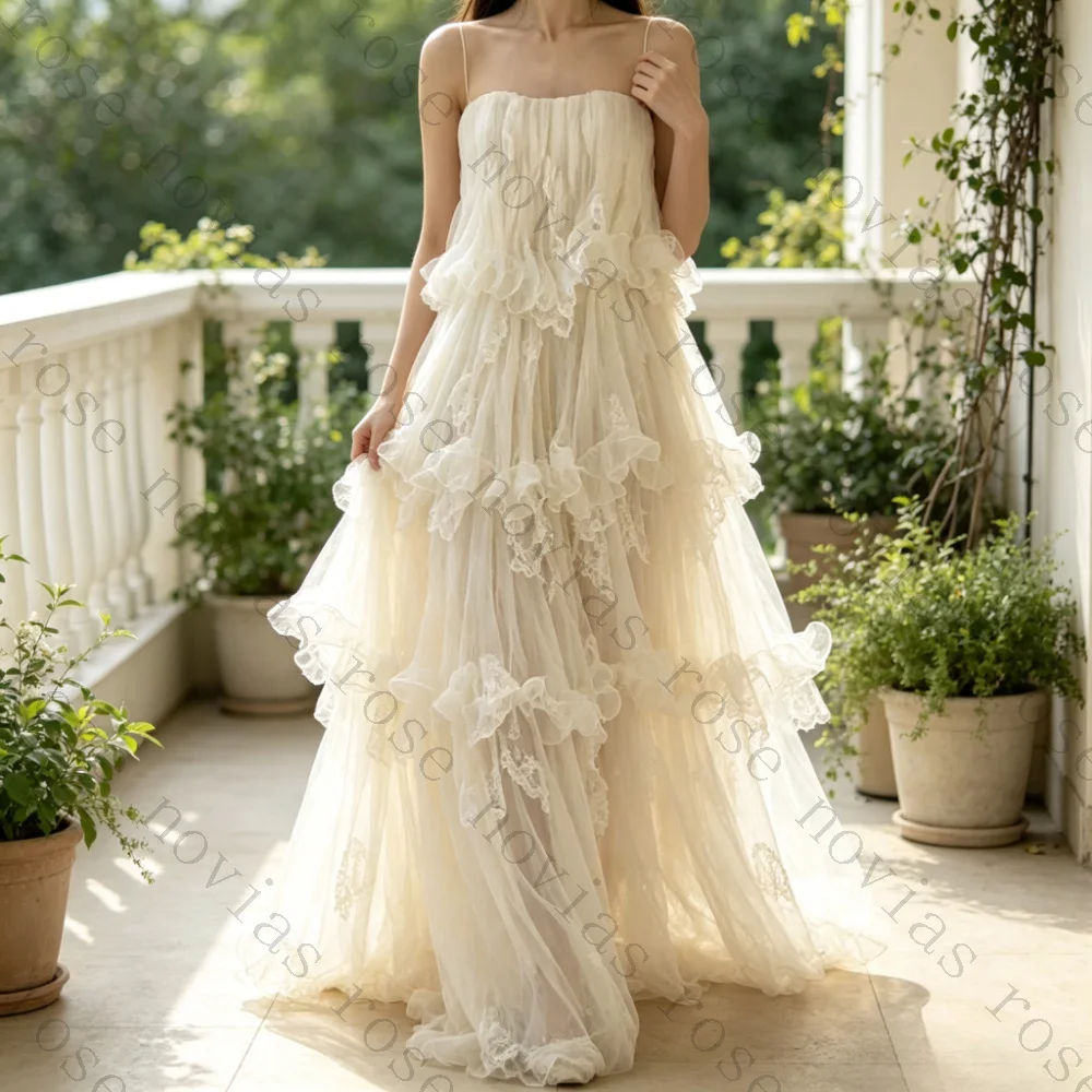 Customized Bohemian Garden Elopement Bridal Gowns Spaghetti Strap Tiered Lace Tulle Ruffle Cascading Loose Wedding Dresses