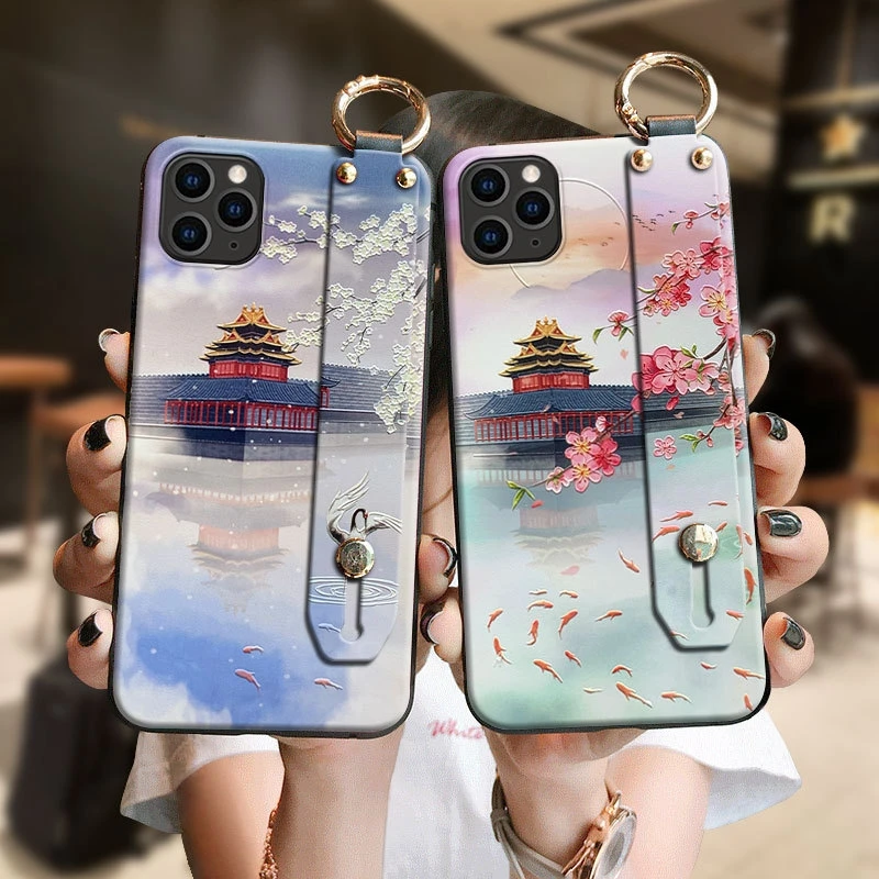 for iPhone 15 14 13 12 11 Pro Max Mini XS XR 7 8 6S Plus Case Embossing 3D Relief Cute Floral Hand Strap Soft Holder Cover Funda