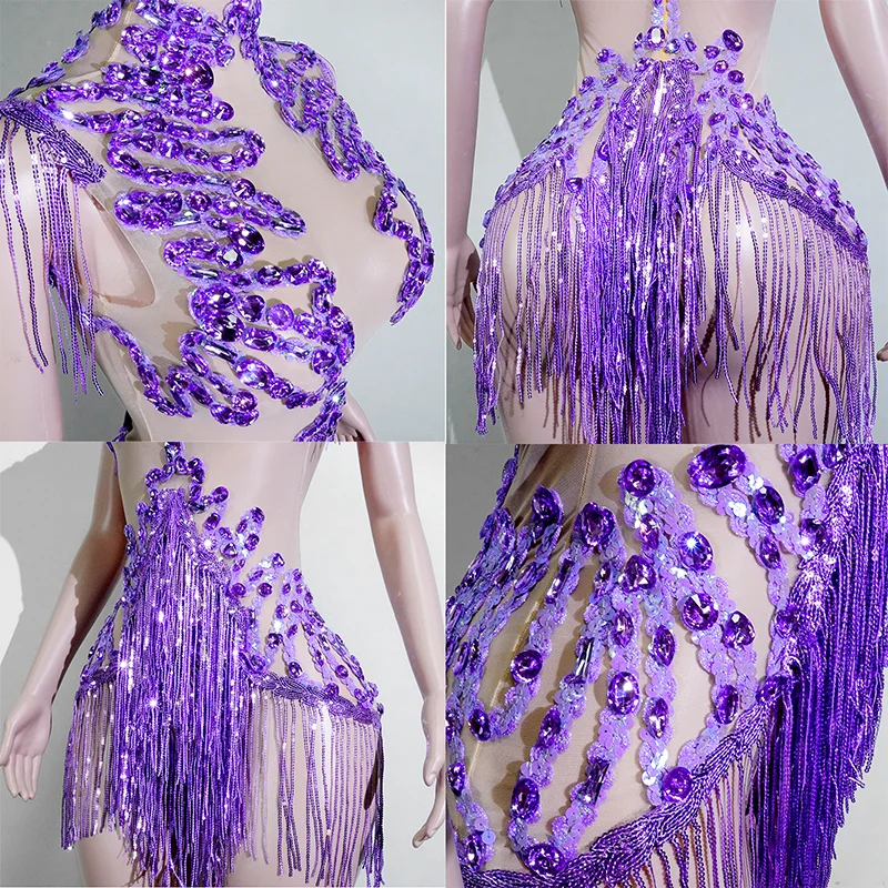 Sparkle Purple Rhinestones Mesh Tassels Leotard Drag Queen Bodysuit Stage Singer Performance Femme Sexy Gogo Costume NightClub