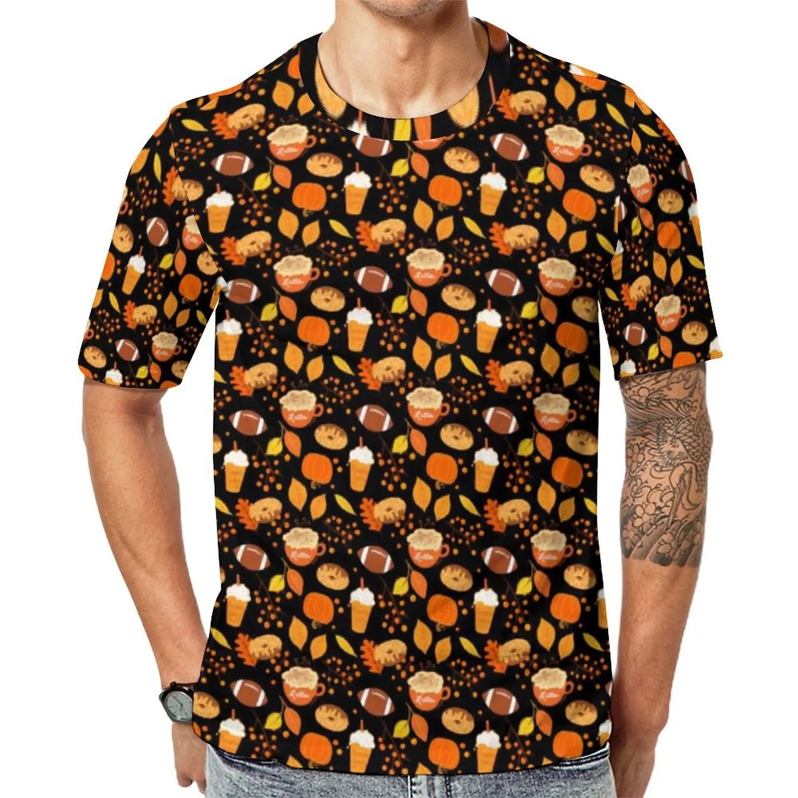 Men Chocolate Doughnut T-Shirt Fall Leaves and Pumpkin Novelty T Shirts Short-Sleeve Tops Hot Summer Basic Plus Size Clothes