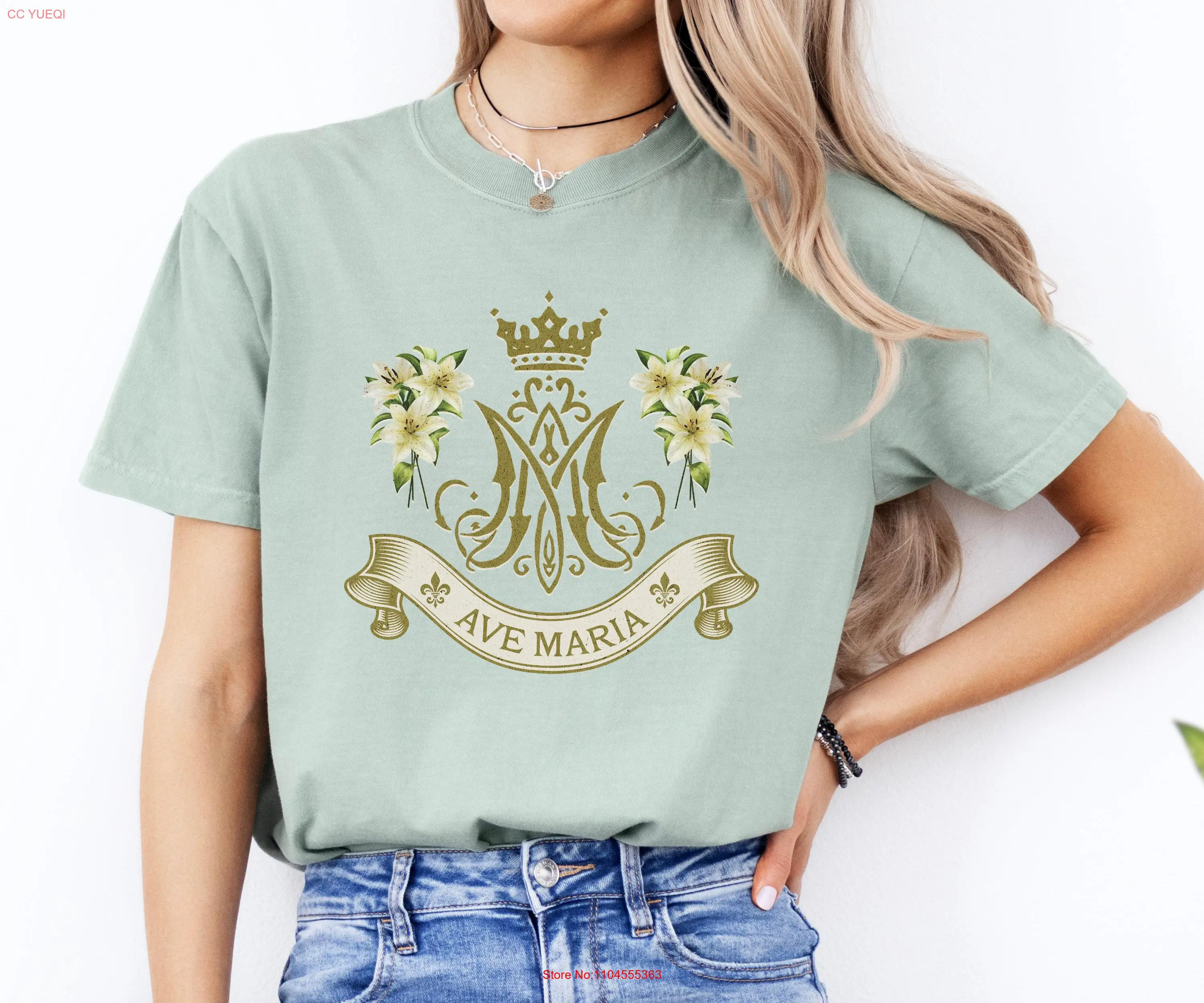 Mary Marian Católico Confort Colores Camiseta Virgen s para Mujer Confirmación Ave María Monograma Floral