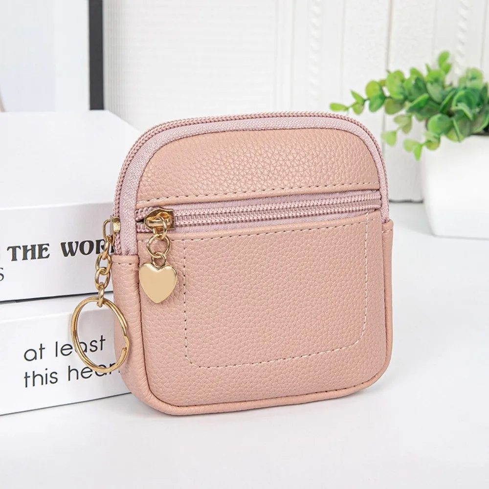 Portable PU Leather Coin Purse Solid Color Gift Short Wallet with Key Ring Keychain Wallet Women