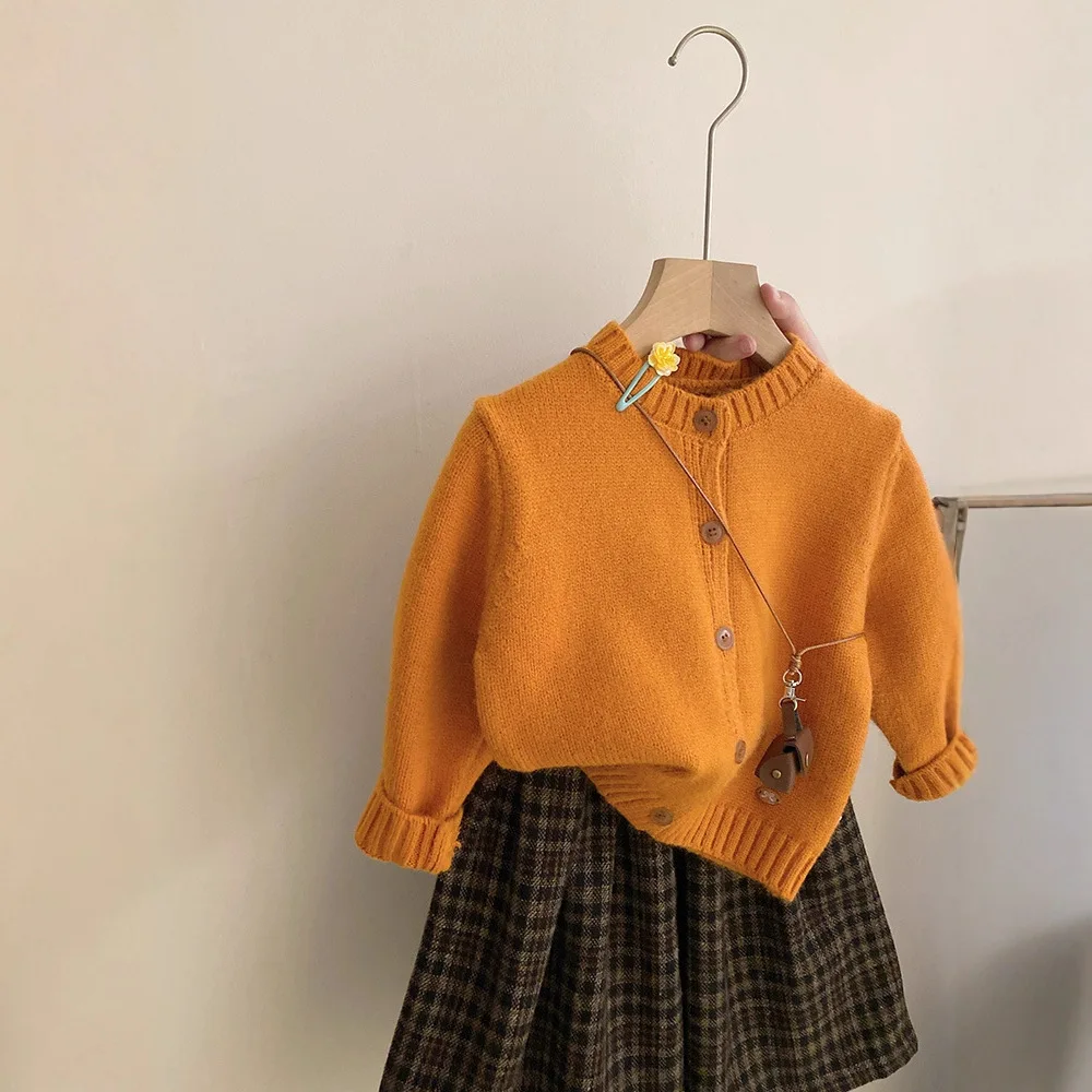 2025 Autumn Winter Girl Solid Color Knitt Cardigan Children Kid Stylish Plaid Casual Wide-Leg Pants 2Piece Set 3-10 Year Toddler