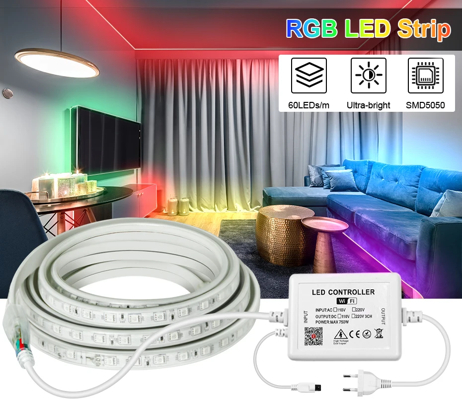 220V RGB LED-Streifenlicht IP65 Wasserdicht 1m-50m Flexibles Band mit Tuya Smart WiFi-Steuerung/Bluetooth/Fernbedienung für Heimdekoration – Detail 1