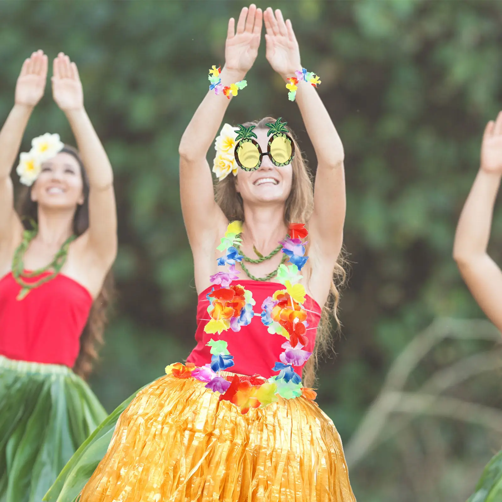 1 Set Hawaiian Party Supplies Simulation Flower Garland Luau Skirt Eyeglasses Tropical Dance Costume For Women Festival Beach
