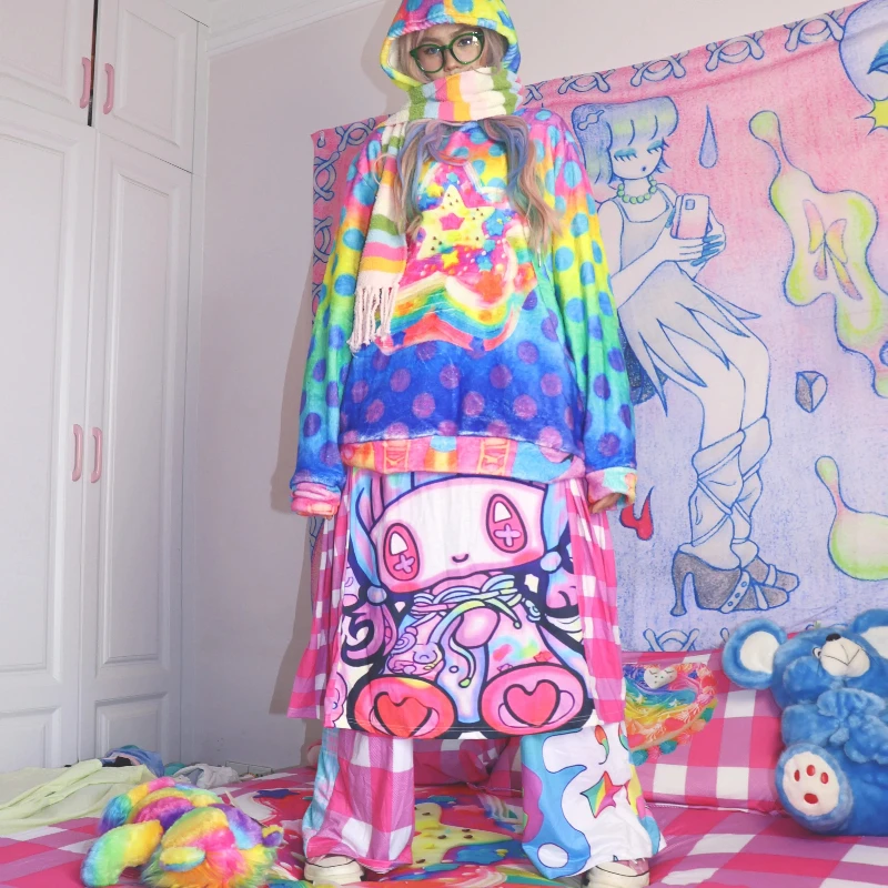 Pakaian Wanita Musim Gugur Musim Dingin 2025 Motif Bintang Warna-warni Desain Asli Polka Dot Y2k Sweatshirt Fleece Longgar Berkerudung untuk Wanita