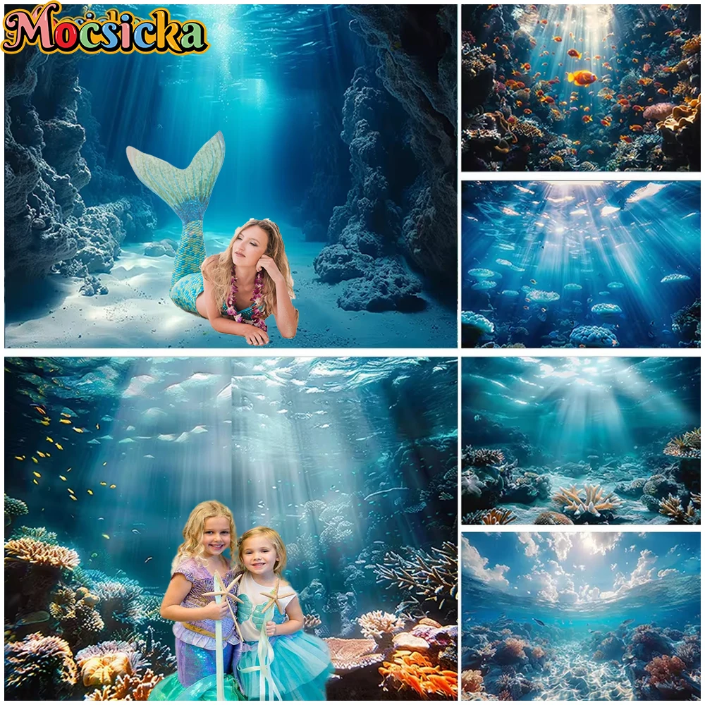 

Mocsicka Summer Underwater World Backdrop Photography Hawaiian Holiday Party Backgrounds Ocean Fish Coral Decor Banner Photocall