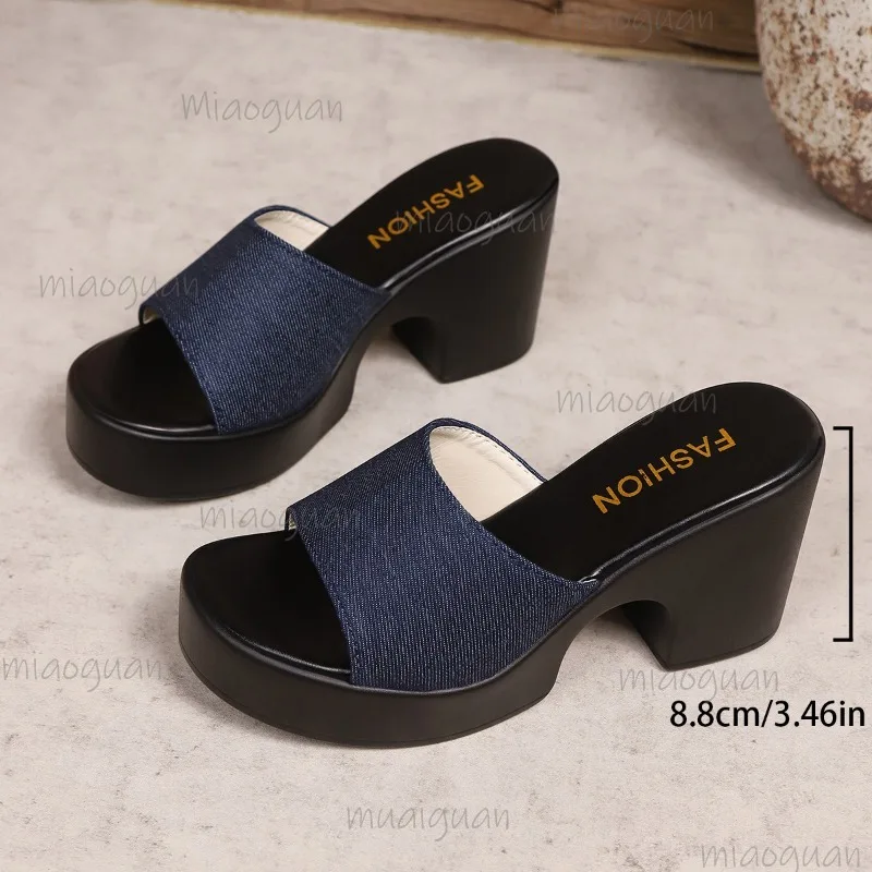 Women's Denim High Heel Mule Slippers Chunky Block Heel Slide Sandals Open Toe Casual Summer Fashion Shoes Zapatos De Mujer view 5