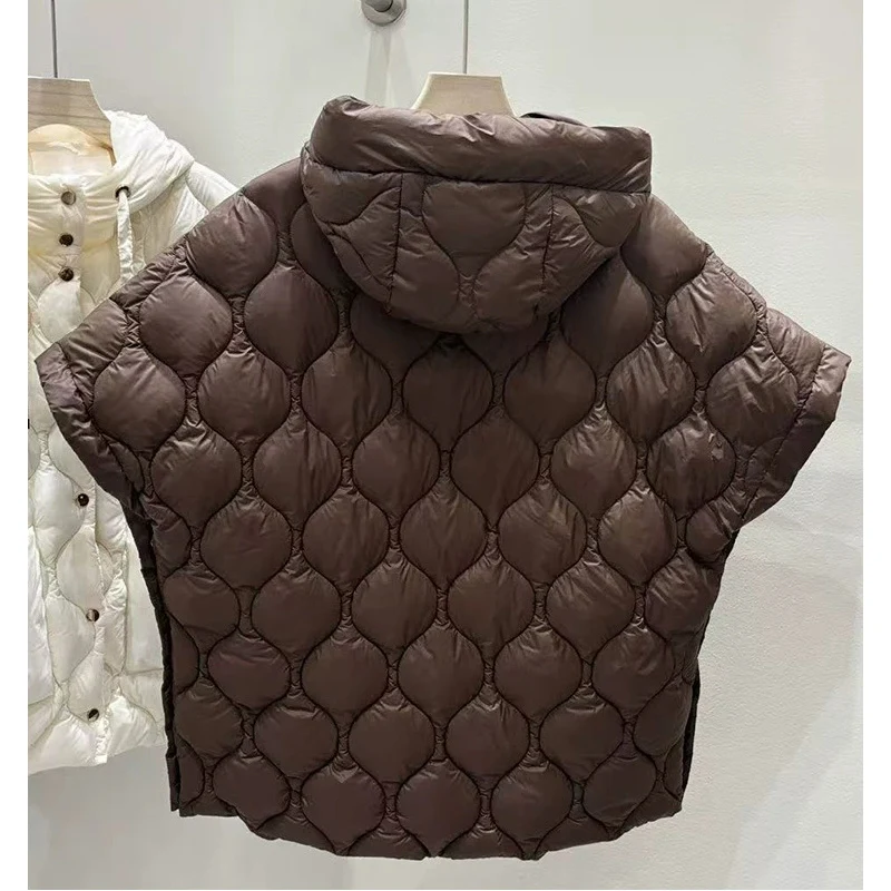 Schinteon Damen-Weste aus 90 % weißer Entendaunen, unregelmäßige ärmellose Jacke mit Kapuze, einfarbig, modisches Herbst-Winter-Top 2025