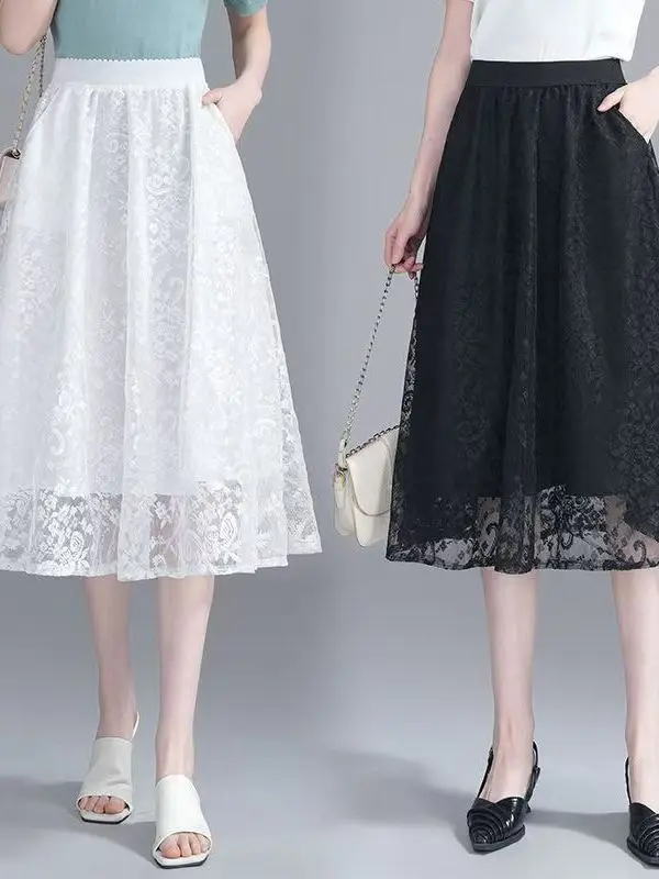 

Bla Lace High Waist Elastic A-Line Midi Skirt Women's Summer New Sle Slimming Drapey Midi Skirt Korean Sle Commute