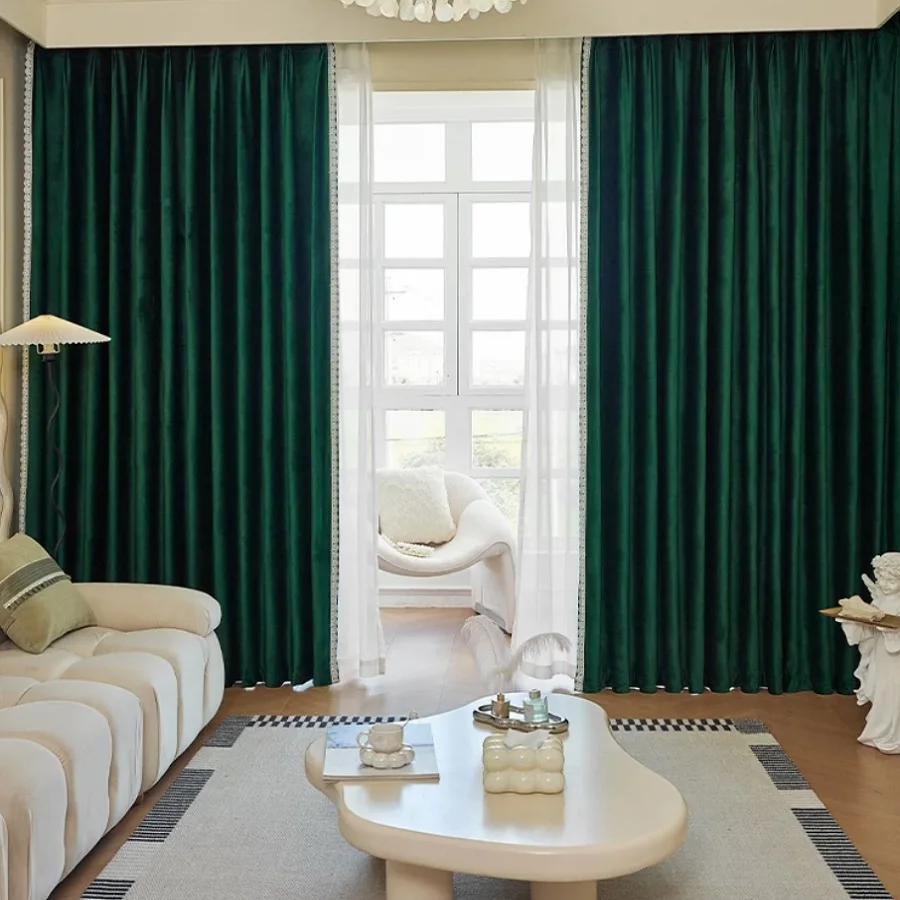 Emerald Green Velvet Curtains 85% Shading Rate Blackout Window Treatment Lace Trimmed Window Decoration