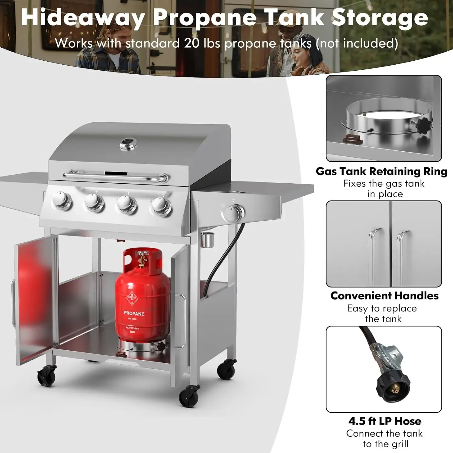 Giantex Propane Gas Grill 50,000 BTU, 4 Main Burners, 1 Side Burner, 2 Prep Tables, Stainless Steel Heavy-Duty BBQ Grill.