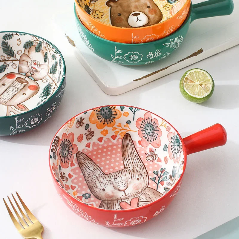 Single Handle Ceramic Bowl Noodle Forest Animal Design Large Creative Restaurant Household Flower Home Decoration