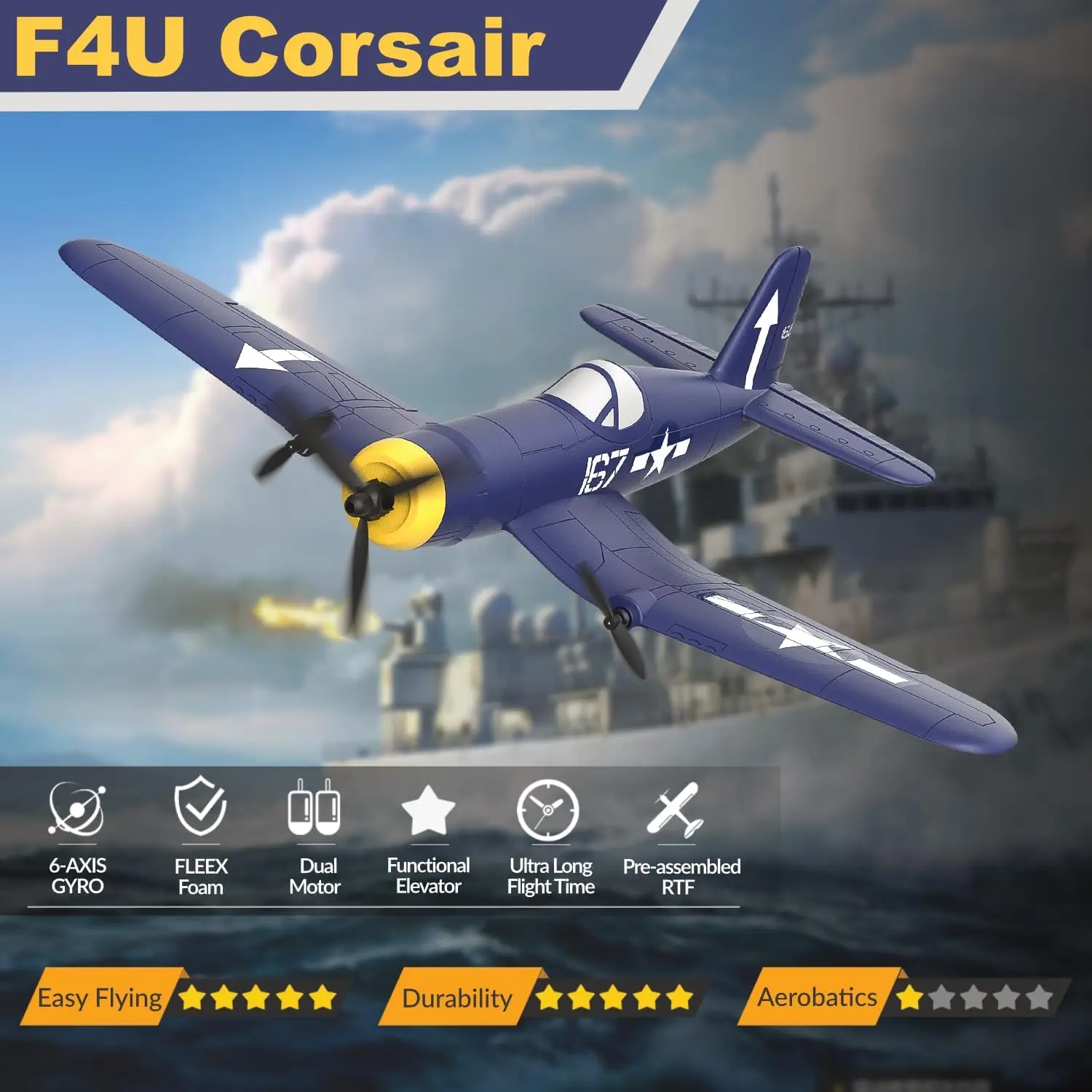 RC Plane, F4U Remote Control Airplane, 2.4GHz 3 Channel Fighter with 6 Axis Gyro Stabilizer, Easy to Fly for Adults, Beginners