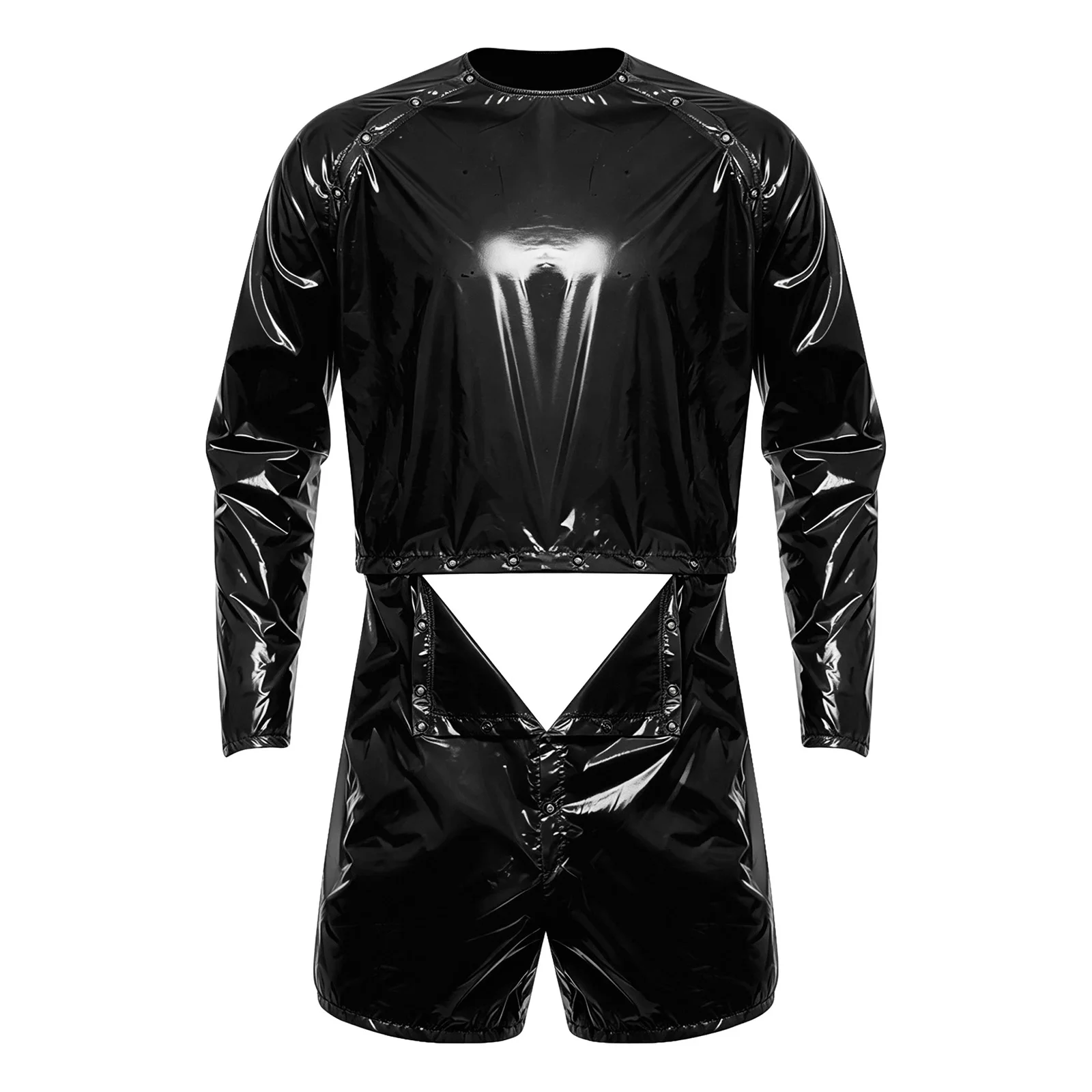 

Male Mens Waterproof Swimwear Sauna Sweat Suit Buttons on Shoulders Waist and Crotch Long Sleeve Boxer Shorts Bodysuit Jumpsuit