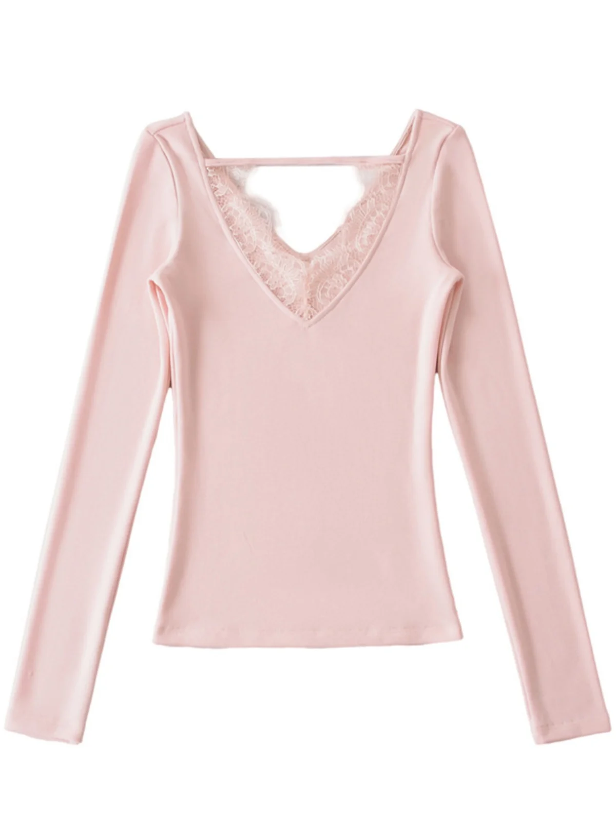 달콤하고 우아한 순수한 욕망 스타일 긴 소매 티셔츠 레이스 패치워크 브이넥 슬림핏 베이스 레이어 탑 스트리트 스타일 숏 길이