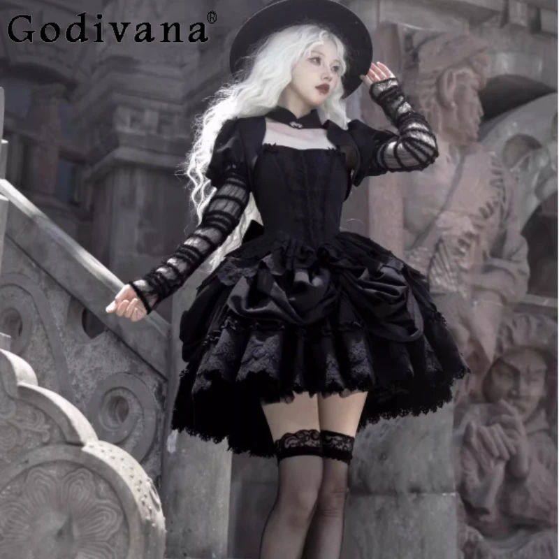 

Elegant Black JSK Subculture Gothic Lolita High Waist Chic Lace-up Suspender Dress Fashion Girl Versatile A-line Dark Lace Skirt