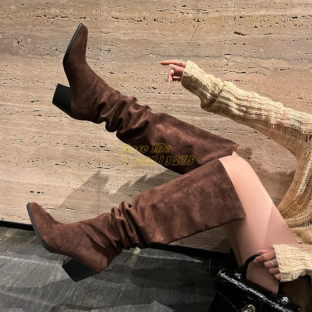 

Suede Pleated Brown Boots Square High Heel Sexy Pointy Toe Runway 2024 Winter Women Knee High Slouchy Drerss Shoes