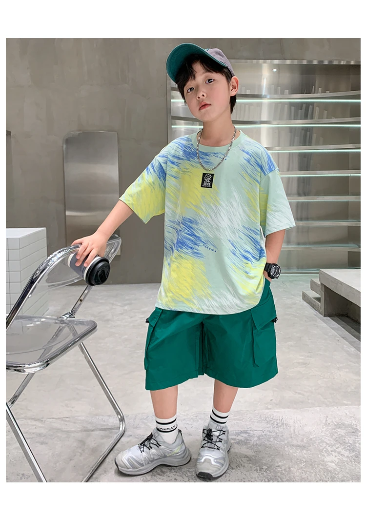 2-teiliges Set für Jungen im Alter von 5-14 Jahren, Teenager-Kinderbekleidung, neuer Sommeranzug für Kinder, Kurzarm-T-Shirt + Shorts, lässiges Street-Outfit. – Detail 13