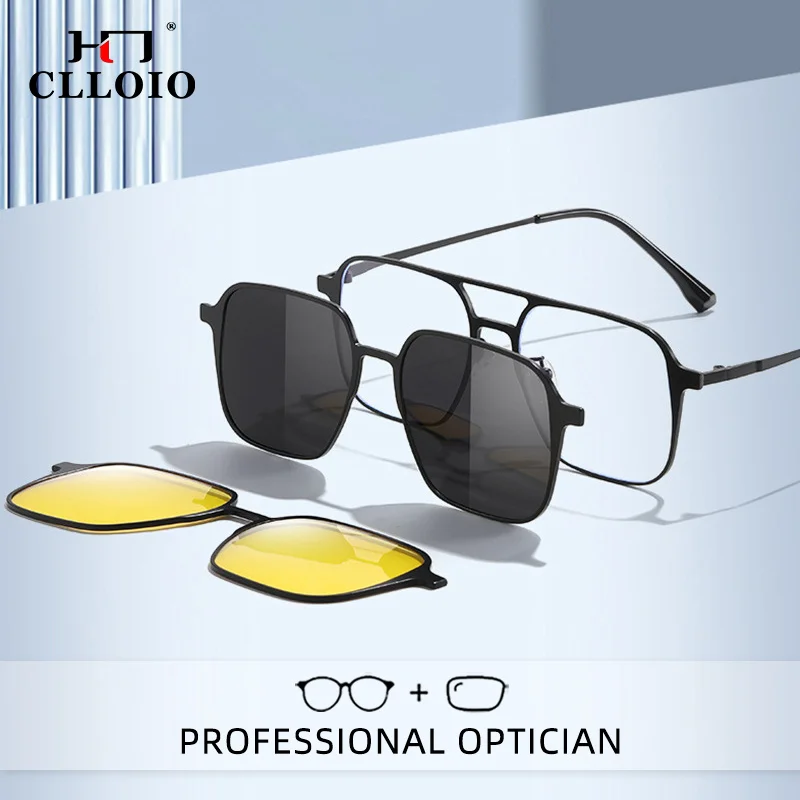 CLLOIO 3 In 1 Magnet Clip Anti Blue Light Reading Glasses Alloy Polarized Sunglasses Myopia Glasses Custom Prescription Eyewear