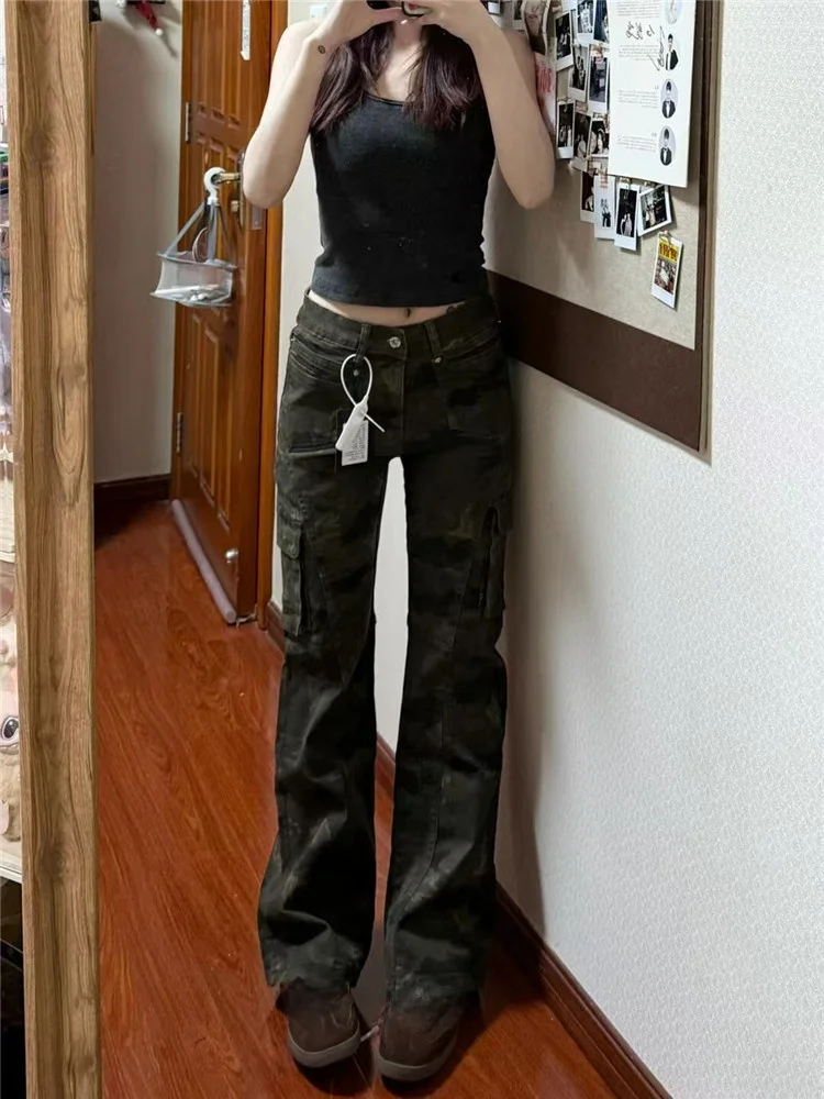 

Low Waist Flared Jeans Women's Spring Autumn Slimming Long Multi-Pocket Workwear Pants Camouflage Style High Waist Extended L...