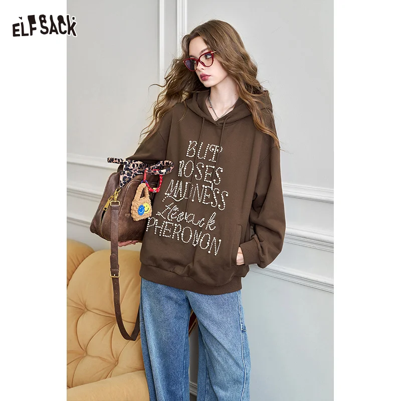 ELFSACK 2024 Autumn New Arrive American retro heavy-duty hooded sweatshirt for women, loose casual thin top