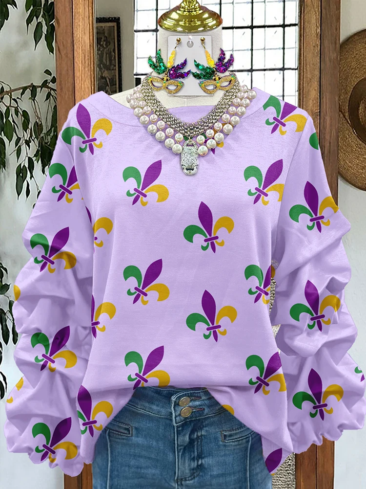 Classic Mardi Gras Print Pleated Sweatshirt