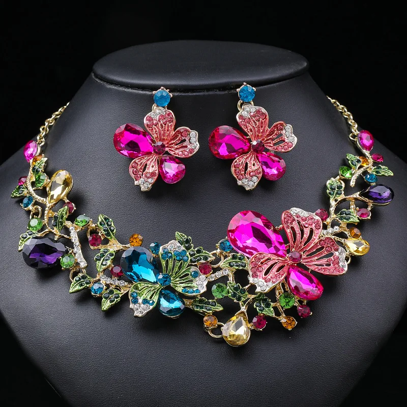 Multicolored Flower Necklace Set Female Gorgeous Bride Necklace Painting Oil Gems.