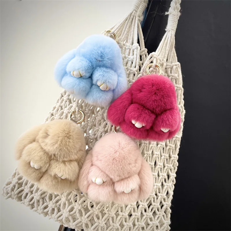 Multicolor Rabbit Keychain Ring Fluffy Real Fur Pompon Bunny Trinket Key Chain Charm Cute Ring On Bag Car Key Pendant