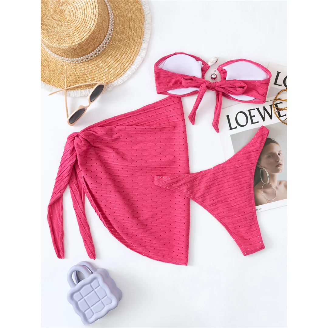 Sexy Bandeau-Bikini mit Sarong, ausgeschnittenes Design, Damen-Badeanzug, dreiteiliges Bikini-Set, Badebekleidung, Badeanzug, Modell V5583. – Detail 24