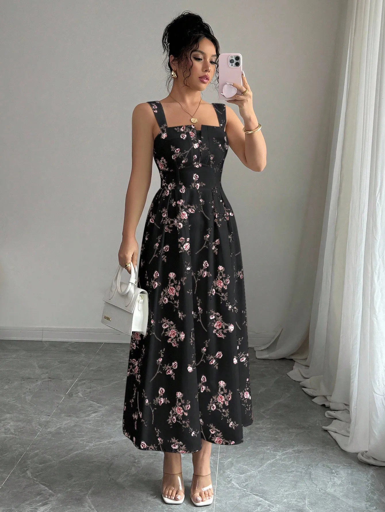 Womens Floral Print Midi Dress - đánh giá và giá Smocked Dress Women