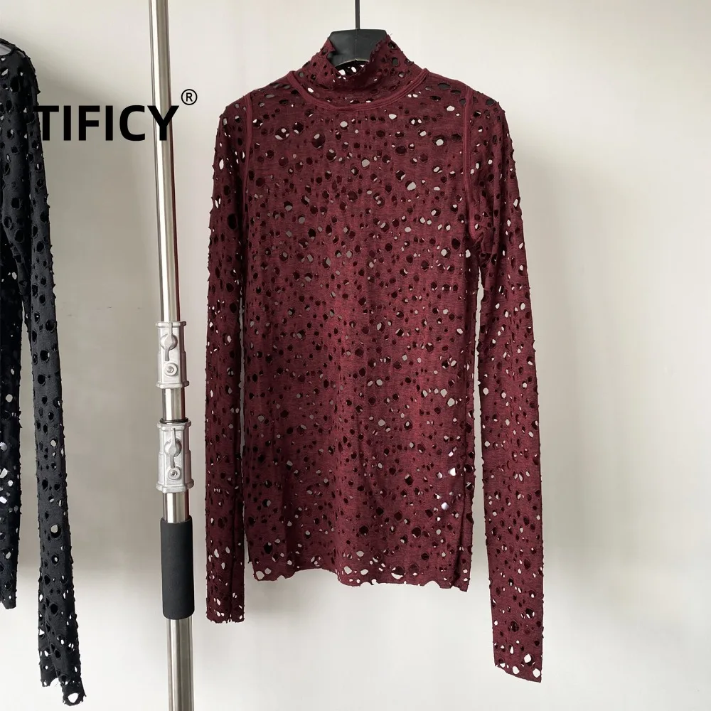 High Street T-shirts Women's Dark Perforated Hollow Design Long Sleeved Patchwork See Through High Neck Tshirt Top