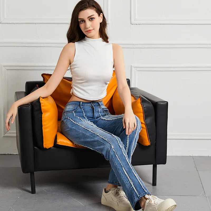 Women Denim Straight Pants Fashion Slim Edge Splicing Jeans Leggings Stretch Leggins Trousers Spring Elastic Vintage Streetwear