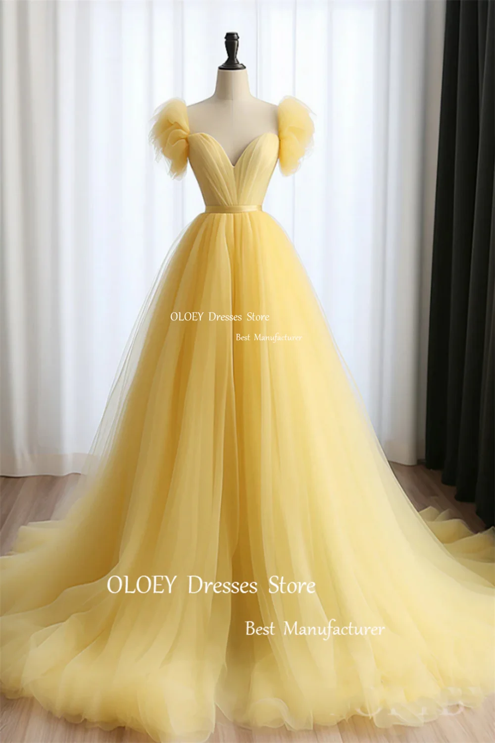 OLOEY Yellow Prom Dress Wedding Photoshoot Sweetheart A Line Formal Party Dress Soft Tulle Long Bridesmaid Dresses Zip Lace Up