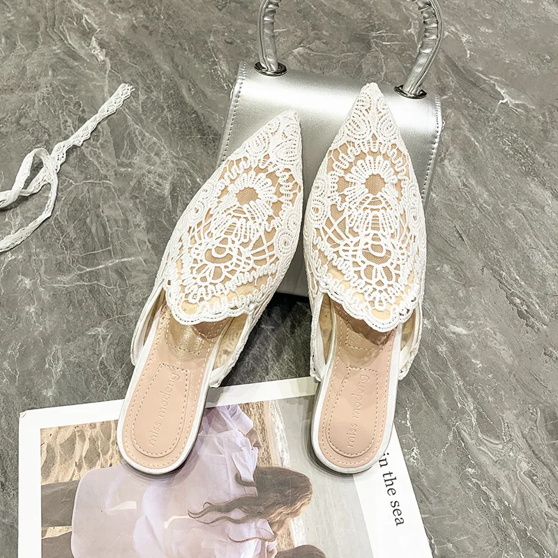 Fashion Baotou Half Slippers Women Wear Net Fabric Embroidery New pointy Lace Mesh Pointy Flat Muller Shoes