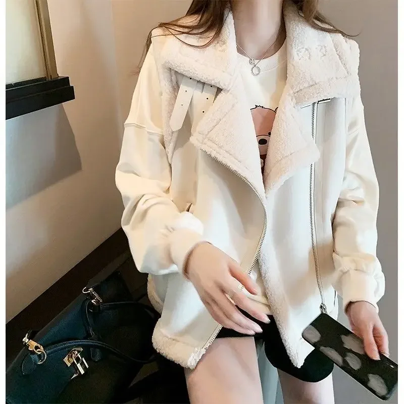 2024 Autumn Female Fashion Faux Leather Lambswool Patchwork Sleeveless Vest Jacket Thickening Warm Zip Waistcoats Coat