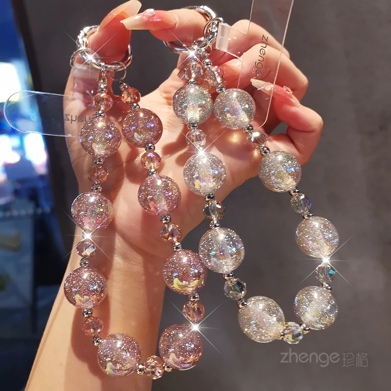 

Сверкающие розовые бусины, хрустальная цепочка для телефона, женский чехол для телефона, кулон, браслет из бисера, короткое запястье, уличная цепочка с защитой от падения