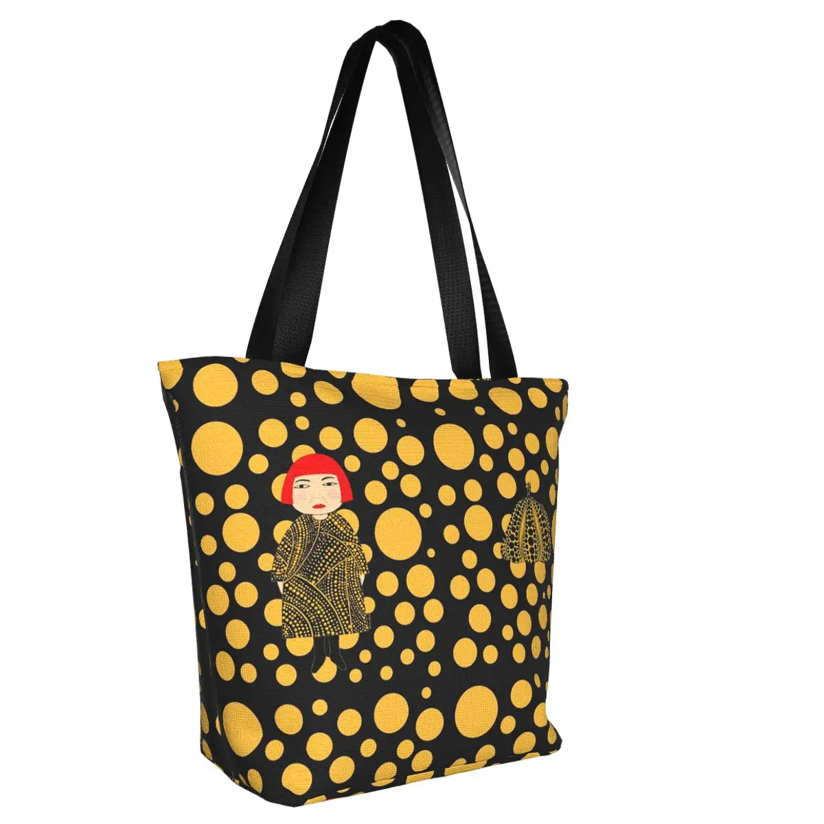 Custom Yellow Dots Yayoi Kusama Pumpkin Groceries Shopping Bag Funny Canvas Shopper Shoulder Tote Bag Large Capacity Handbag