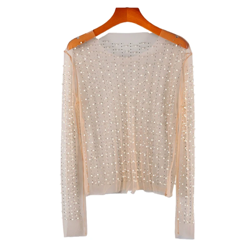 Damen Strass-Transparent-Netz-Top Funkelndes Perlen-Transparent-T-Shirt Bluse Sexy Clubwear Party Festival Rave Konzert Y2K Outfits – Detail 9