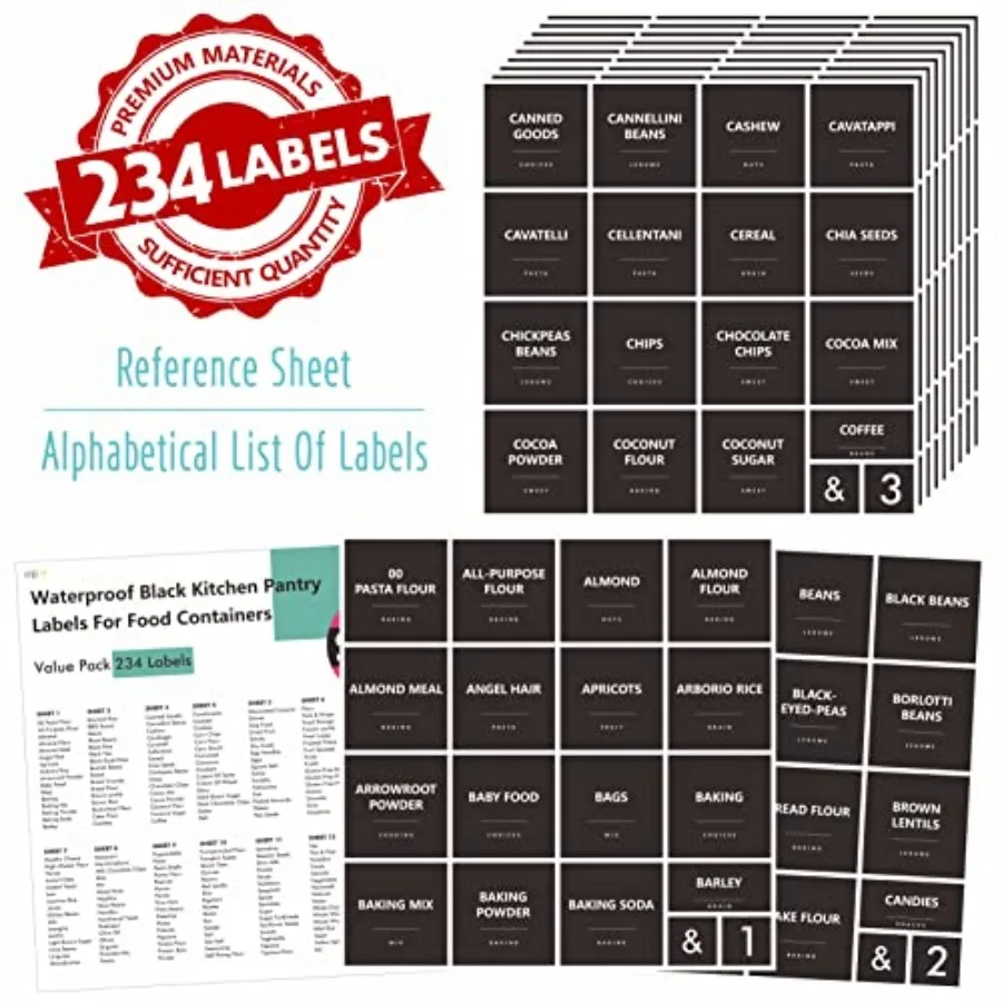 234 Minimalist Kitchen Food Labels, 216 Preprinted Flour Pasta Peas Condiment Oil Stickers, 18 Blank Ones, Waterproof OilandTea
